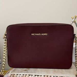 Michael Kors Wine Saffiano Leather Crossbody with Gold Chain